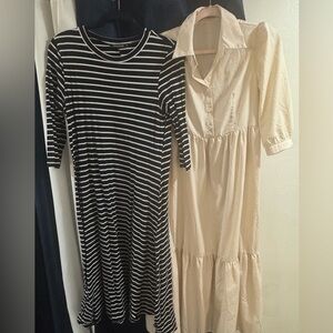 Nuggles Black & White Striped Midi Dress - Classic Crewneck